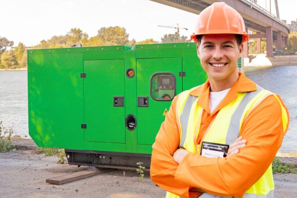نشان دادن یک تعمیرکار که در جلوی ژنراتور ایستاده برای روشن کردن ژنراتور با یک روش شوک دادن به ژنراتور تکفاز