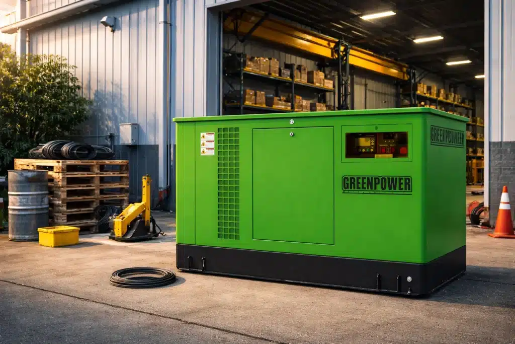 ژنراتور برق صنعتی سبز در محوطه انبار، نمایی ایمن از نحوه شوک دادن به ژنراتور برای راهاندازی و بررسی عملکرد