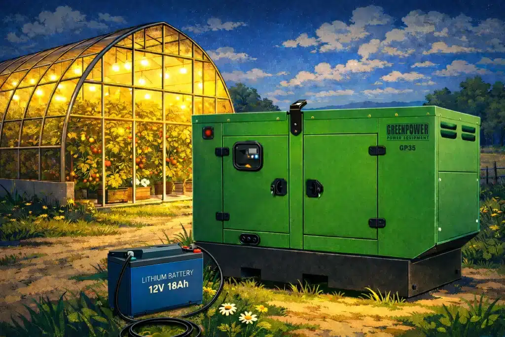 ژنراتور برق سبز در کنار گلخانه با باتری کمکی، تصویر مفهومی از نحوه شوک دادن به ژنراتور برای راهاندازی اولیه سیستم برق