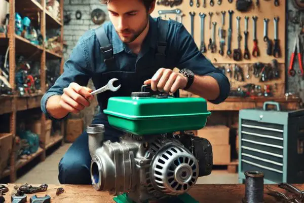 تعمیرکار در حال تعمیر موتور پمپ آب کشاورزی است