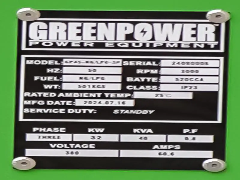 پلاک خوانی ژنراتور گرین پاور شامل اطلاعات فنی دستگاه