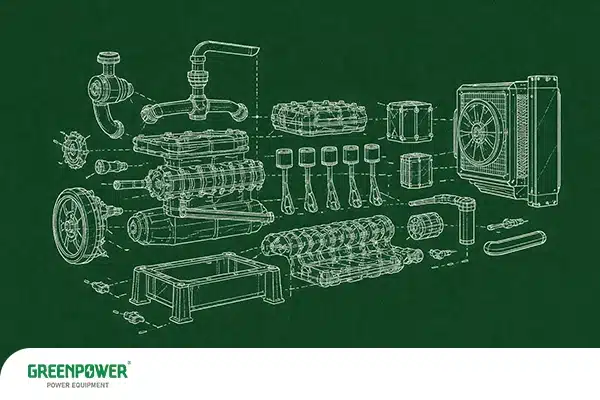 نمای انفجاری قطعات اصلی تشکیلدهنده ژنراتور برق شامل موتور، پیستونها، رادیاتور و اجزای مکانیکی با طراحی فنی خطی (برند GreenPower)