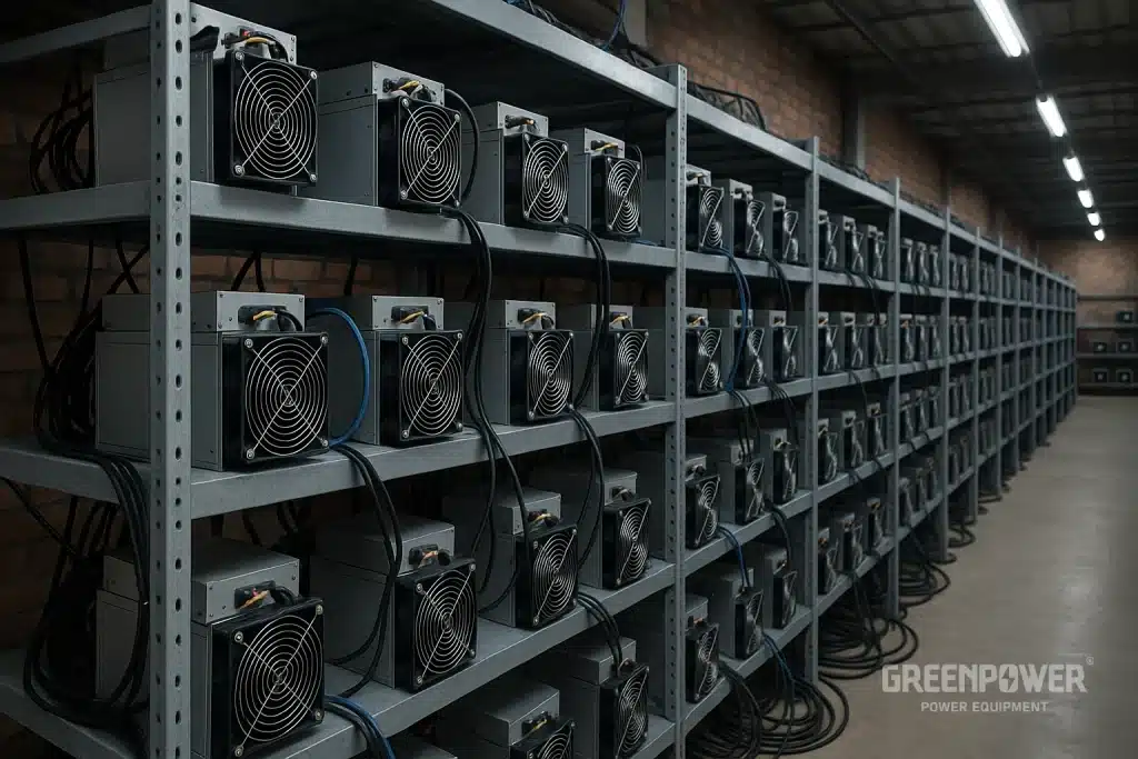 تصویر یک سالن ماینینگ مجهز به ردیفهای دستگاه استخراج رمزارز با فن خنککننده، مناسب برای استفاده همراه ژنراتور گازی برای ماینینگ.