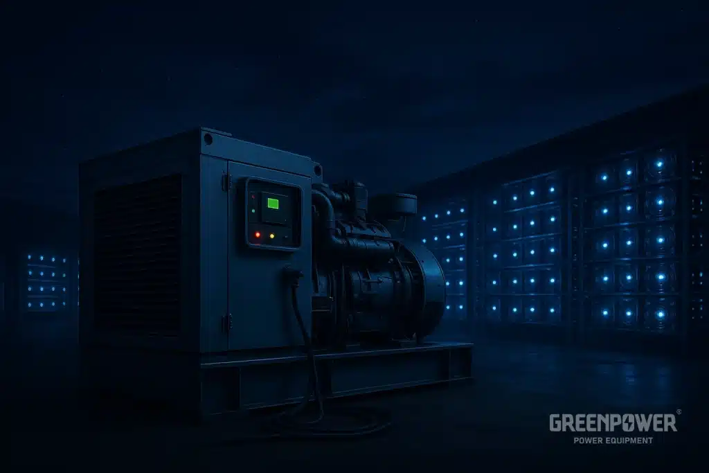 تصویر یک ژنراتور گازی برای ماینینگ در محیطی تاریک و صنعتی، مجهز به پنل کنترل دیجیتال و قرارگرفته در کنار ردیفهای دستگاههای استخراج رمزارز.