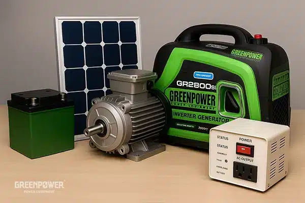 تصویر مجموعهای از تجهیزات برقی شامل ژنراتور اینورتر، موتور الکتریکی، باتری و پنل خورشیدی که برای آموزش مفاهیم توان ظاهری و توان واقعی در سیستمهای برق استفاده میشود.