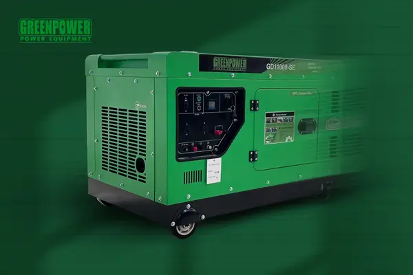 نمایی از ژنراتور سایلنت مدل GD11000-SE برند GreenPower، طراحیشده برای عملکرد بهینه در شرایط مختلف، مناسب برای نصب در فضاهای بسته با رعایت اصول تهویه اتاق ژنراتور