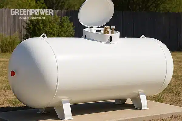 تصویری از یکی از مخازن سوخت ژنراتور با بدنه فلزی و پوشش سفید که روی سکوی بتنی نصب شده و در فضای باز قرار دارد؛ دریچه بالایی مخزن باز است و اتصالات سوخترسانی قابل مشاهدهاند.