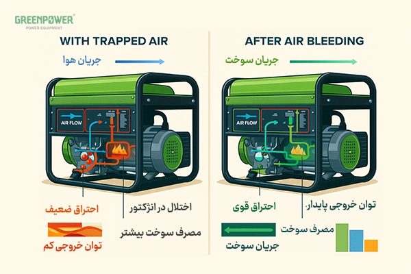 این تصویر تاثیر هواگیری بر عملکرد ژنراتور را نشان میدهد. وضعیت ژنراتور قبل و بعد از هواگیری مقایسه شده است.