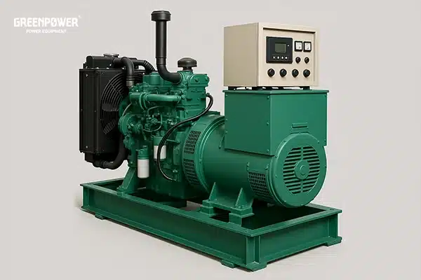 تصویر یک ژنراتور دیزلی صنعتی همراه با تجهیزات کنترلی، مرتبط با ژنراتور و مخزن سوخت ژنراتور.