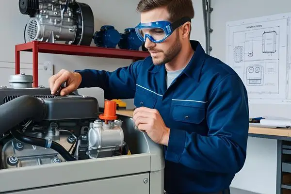 تعمیرکار حرفه ای در حال تعمیر دیزل ژنراتور و سرویس دوره ای دیزل ژنراتور میباشد