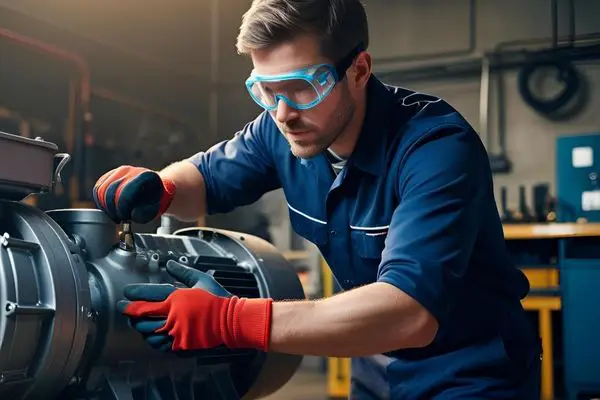 تعمیرکار متخصص در حال نگهداری و تعمیر دیزل ژنراتور میباشد